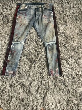 Jordan Craig Legacy Men's Distressed Jeans w Red Rhinestone Side Stripes 42x32